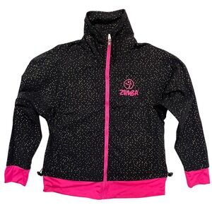 Zumba Instructor Black Gold Dot Pink Trim Lightweight Full‎ Zip Jacket Size M
